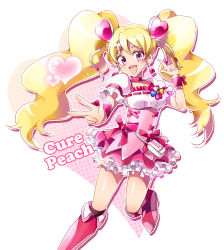 Rule 34 | 00s, 1girl, :d, \m/, blonde hair, boots, bow, character name, choker, corset, cure peach, earrings, fresh precure!, frilled skirt, frills, full body, hair ornament, heart, heart hair ornament, hitopm, jewelry, knee boots, long hair, magical girl, momozono love, open mouth, pink bow, pink eyes, pink footwear, pink skirt, pink wrist cuffs, precure, puffy short sleeves, puffy sleeves, short sleeves, skirt, smile, solo, twintails, v, wrist cuffs