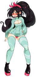 Rule 34 | 1girl, aged up, antenna hair, areola slip, black hair, blush, boots, breasts, brown eyes, candy, cleavage, cleavage cutout, clothing cutout, contrapposto, disney, dress, female focus, food, green thighhighs, hair ornament, hand on own hip, high heel boots, high heels, highres, leggings, lollipop, long hair, meme attire, mouth hold, no bra, open-chest sweater, panties, platform boots, platform footwear, ponytail, red panties, scrunchie, slugbox, smile, solo, striped clothes, striped thighhighs, sweater, sweater dress, thighhighs, underwear, vanellope von schweetz, wreck-it ralph, zettai ryouiki