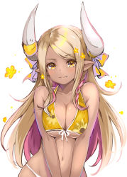 Rule 34 | 1girl, alternate costume, bare shoulders, bikini, blonde hair, blush, braid, breasts, cleavage, closed mouth, collarbone, dark-skinned female, dark skin, draph, fang, fang out, floral print, front-tie bikini top, front-tie top, granblue fantasy, highres, horns, kumbhira (granblue fantasy), large breasts, long hair, looking at viewer, navel, parted bangs, pilokey, pointy ears, simple background, sketch, smile, solo, swimsuit, upper body, white background, yellow bikini, yellow eyes