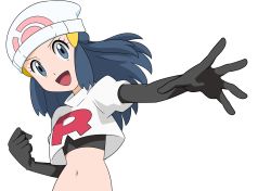 Rule 34 | 1girl, :d, beanie, black gloves, black hair, black shirt, clenched hand, commentary request, cosplay, creatures (company), cropped jacket, dawn (pokemon), elbow gloves, eyelashes, game freak, gloves, grey eyes, hainchu, hair ornament, hairclip, hat, highres, jacket, jessie (pokemon), jessie (pokemon) (cosplay), logo, long hair, midriff, navel, nintendo, open mouth, pokemon, pokemon (anime), pokemon dppt (anime), shirt, sidelocks, simple background, smile, solo, spread fingers, tongue, white background, white hat, white jacket