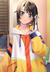 Rule 34 | 1girl, :/, absurdres, aqua eyes, black hair, breasts, cleavage, collarbone, commentary request, hair ribbon, head tilt, highres, holding, holding own hair, hololive, hood, hooded jacket, indoors, jacket, kz6cz, long hair, long sleeves, looking at viewer, multicolored clothes, multicolored jacket, official alternate costume, official alternate hairstyle, oozora subaru, oozora subaru (loungewear), ribbon, sleeves past wrists, solo, straight hair, swept bangs, virtual youtuber, white jacket, white ribbon, yellow jacket