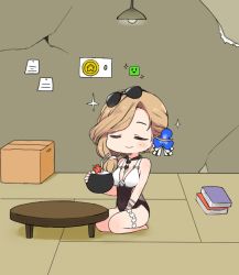 Rule 34 | 1girl, azur lane, between legs, blue flower, blush, book, book stack, box, breasts, cardboard box, cleavage, closed eyes, closed mouth, covered navel, crack, cracked wall, eyewear on head, flower, full body, hair flower, hair ornament, hand between legs, holding, hood (azur lane), hood (lady of the shining sun) (azur lane), indoors, kneeling, long hair, medium breasts, on floor, red flower, round table, side ponytail, smile, solo, sparkle, straw, sunglasses, swept bangs, swimsuit, table, tropical drink
