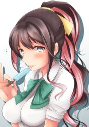 Rule 34 | 10s, 1girl, alternate hairstyle, blue eyes, blush, bow, breasts, brown hair, commentary request, dripping, food, gradient background, gradient eyes, green bow, hair bow, kantai collection, licking, long hair, looking at viewer, medium breasts, multicolored eyes, multicolored hair, naganami (kancolle), ootori subaru, pink hair, ponytail, popsicle, shirt, sidelocks, solo, sweat, tongue, tongue out, two-tone hair, upper body, wavy hair, white shirt, yellow bow, yellow eyes