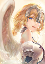 Rule 34 | 1girl, :d, absurdres, aka mina, bare shoulders, blonde hair, blue eyes, braid, breasts, colored eyelashes, crying, crying with eyes open, fate/grand order, fate (series), feathered wings, from side, fur trim, headpiece, highres, jeanne d&#039;arc (fate), jeanne d&#039;arc (ruler) (fate), jeanne d&#039;arc (third ascension) (fate), large breasts, light particles, long hair, looking at viewer, motion blur, open mouth, single braid, sleeveless, smile, solo, streaming tears, tears, upper body, vambraces, white wings, wind, wings