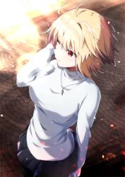 Rule 34 | 1girl, absurdres, antenna hair, arcueid brunestud, azami masurao, black skirt, blonde hair, breasts, closed mouth, commentary, highres, jewelry, long sleeves, looking away, medium breasts, miniskirt, necklace, one eye closed, red eyes, short hair, single hair intake, skirt, solo, sunlight, sweater, tsukihime, tsukihime (remake)