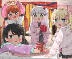 Rule 34 | 4girls, :d, alternate costume, black eyes, black hair, black shirt, black skirt, blonde hair, blunt bangs, blush, bow, box, brown eyes, brown hair, casual, coat, down jacket, duffel coat, fang, gift, gift box, grecale (kancolle), green eyes, hair bow, hair ribbon, heart-shaped box, highres, holding, holding gift, jacket, kantai collection, libeccio (kancolle), long hair, looking at viewer, maestrale (kancolle), miniskirt, multiple girls, official alternate costume, one side up, open mouth, pink coat, pleated skirt, ribbon, scirocco (kancolle), shirt, short hair, silver hair, skirt, smile, twintails, two side up, valentine, wateru, wavy hair, white jacket