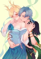 Rule 34 | 2girls, absurdres, antlers, bare shoulders, black shirt, black skirt, blonde hair, blue eyes, blue hair, blue shirt, blue skirt, blush, breasts, collarbone, covering own mouth, cowboy shot, dragon horns, dragon tail, ear piercing, earrings, green background, hand up, highres, himemushi momoyo, horns, interlocked fingers, jewelry, kicchou yachie, kiss, kissing neck, long hair, looking at another, medium breasts, multiple girls, nose blush, off shoulder, piercing, pleated skirt, red eyes, ring, ringo orihara, sexual harassment, shirt, short hair, skirt, sweat, tail, touhou, yuri