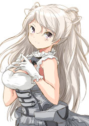 Rule 34 | 1girl, breasts, brown eyes, cleavage, cleavage cutout, clothing cutout, commentary request, conte di cavour (kancolle), conte di cavour nuovo (kancolle), corset, dress, frilled dress, frills, fuji (pixiv24804665), gloves, highres, kantai collection, large breasts, layered dress, long hair, looking at viewer, silver hair, simple background, smile, solo, two side up, upper body, white background, white dress, white gloves