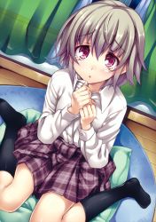 Rule 34 | 10s, 1girl, absurdres, accel world, bed, black socks, blush, crying, grey hair, highres, ichijou hitoshi, kneehighs, kusakabe rin, looking at viewer, open mouth, purple eyes, shiny skin, sitting, skirt, socks, solo, tears