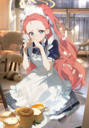 Rule 34 | 1girl, apron, black dress, blue archive, blue eyes, blush, closed mouth, dress, drive shot, fingernails, food, frilled apron, frills, halo, heart, heart hands, highres, indoors, long hair, looking at viewer, maid apron, official alternate costume, red hair, short sleeves, smile, solo, white apron, yellow halo, yuzu (blue archive), yuzu (maid) (blue archive)