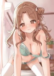 Rule 34 | 1girl, absurdres, air conditioner, all fours, aqua bra, aqua panties, armpit crease, blurry, blurry background, blush, book, bra, breasts, brown eyes, brown hair, cleavage, closed mouth, collarbone, curtains, hair ribbon, hanging breasts, highres, ichikawa hinana, idolmaster, idolmaster shiny colors, indoors, long hair, medium breasts, navel, nipples, on bed, one breast out, panties, plant, pot, potted plant, ribbon, shelf, smile, solo, steam, strap slip, sweat, takio (kani sama), thighhighs, underwear, white ribbon, white thighhighs