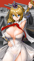 Rule 34 | 1girl, armor, armpits, battleship, bracer, breasts, cannon, commentary request, crown, dress, highres, hms king george v, holding, holding sword, holding weapon, kuuro kuro, large breasts, mc axis, mecha musume, military, military vehicle, mini crown, pauldrons, personification, red background, royal navy, ship, shoulder armor, solo, sword, turret, warship, watercraft, weapon, white dress, world war ii