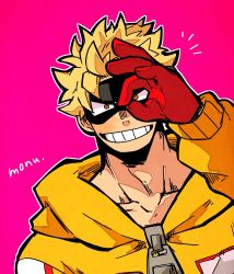 Rule 34 | 1boy, black mask, blonde hair, boku no hero academia, collarbone, commentary request, fat gum (boku no hero academia), grin, highres, hood, hood down, jacket, long sleeves, looking at viewer, male focus, monu, ok sign, ok sign over eye, outline, pink background, short hair, signature, simple background, smile, solo, white outline, yellow jacket, zipper pull tab