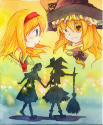 Rule 34 | 2girls, alice margatroid, blonde hair, blue eyes, broom, female focus, hairband, holding hands, hat, kirisame marisa, multiple girls, one eye closed, painting (medium), pointing, shiroaisa, silhouette, touhou, traditional media, watercolor (medium), wink, witch, witch hat, yellow eyes