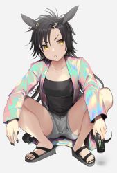 Rule 34 | 1girl, air shakur (umamusume), animal ears, bare legs, black hair, black nails, black tank top, can, collarbone, commentary request, drink, ear piercing, energy drink, eyebrow piercing, full body, grey background, grey shorts, holding, holding can, holding drink, horse ears, iridescent, jacket, long hair, long sleeves, looking at viewer, monster energy, nail polish, open clothes, open jacket, parted lips, piercing, sandals, shorts, simple background, solo, squatting, tan (inka), tank top, toenail polish, toenails, umamusume, yellow eyes