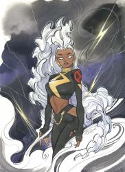 Rule 34 | 1girl, black gloves, black pants, black shirt, breasts, cloud, cloudy sky, comic cover, commentary, cover image, cropped shirt, dark-skinned female, dark skin, earrings, fingerless gloves, floating, gloves, highres, hip vent, hoop earrings, jewelry, lightning, long hair, looking at viewer, marvel, medium breasts, midriff, navel, official art, pants, parted lips, peach momoko, shirt, sky, solid eyes, solo, storm (x-men), symbol-only commentary, very long hair, white hair, x-men, yoga pants