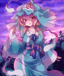 Rule 34 | 1girl, alternate costume, blue dress, breasts, dress, ghost, hat, hitodama, japanese clothes, long sleeves, looking at viewer, mob cap, obi, open mouth, petals, pink eyes, pink hair, ribbon, saigyouji yuyuko, sash, seidou (tukinomiyako), short hair, short twintails, smile, solo, thighs, touhou, triangular headpiece, twintails, wide sleeves