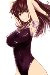 Rule 34 | 00s, armpits, arms up, breasts, brown eyes, brown hair, highres, kae (artist), large breasts, long hair, misaki shizuno, one-piece swimsuit, skin tight, solo, swimsuit, zegapain