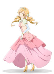Rule 34 | 10s, 1girl, blonde hair, blush, breasts, dress, drill hair, female focus, from behind, full body, gloves, high heels, highres, kinfuji, long dress, long skirt, looking at viewer, mahou shoujo madoka magica, mahou shoujo madoka magica (anime), pink dress, sideboob, simple background, skirt, solo, tiara, tomoe mami, twin drills, twintails, white background, yellow eyes