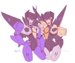 Rule 34 | 2girls, cowboy shot, decepticon, frozenmayo, hand on another&#039;s shoulder, hand on own hip, highres, looking at viewer, mecha, mechanical wings, multiple girls, novastorm, pink eyes, purple lips, robot, simple background, skywarp, smile, transformers, transformers: earthspark, white background, wings