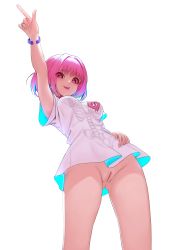 Rule 34 | 1girl, absurdres, arm up, blue hair, breasts, clitoris, egk513, hand on own hip, highres, idolmaster, idolmaster cinderella girls, index finger raised, looking at viewer, medium breasts, multicolored hair, no panties, nude filter, open mouth, pink eyes, pink hair, pussy, shirt, short hair, simple background, smile, solo, standing, t-shirt, teeth, third-party edit, two-tone hair, uncensored, white background, yumemi riamu