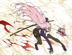 Rule 34 | 1girl, black gloves, black pantyhose, black shorts, blood, breasts, cleavage, commentary, commission, dungeon and fighter, english commentary, full body, g studio, glasses, gloves, highres, katana, large breasts, long hair, looking at viewer, pantyhose, pantyhose under shorts, pink hair, red eyes, red lips, shorts, solo, spectre (dungeon and fighter), sword, very long hair, weapon