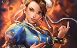 Rule 34 | 1girl, artist request, bracelet, brown eyes, brown hair, capcom, china dress, chinese clothes, chun-li, double bun, dress, earrings, fire, highres, jewelry, original, puffy short sleeves, puffy sleeves, sakimichan, short hair, short sleeves, solo, spiked bracelet, spikes, street fighter