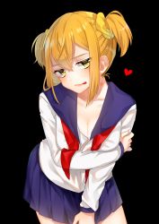 Rule 34 | 10s, 1girl, black background, blonde hair, breasts, cleavage, etto eat, hair ornament, hair scrunchie, heart, hickey, highres, looking at viewer, open clothes, open shirt, poptepipic, popuko, school uniform, scrunchie, serafuku, shirt, sidelocks, two side up, yellow eyes, yellow scrunchie