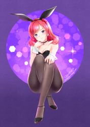 Rule 34 | 10s, 1girl, 2015, animal ears, artist name, bare shoulders, black footwear, black pantyhose, blush, bow, breasts, choker, cleavage, closed mouth, collarbone, earrings, fake animal ears, full body, hair bow, hairband, hand on own knee, head tilt, hexagon, high heels, jewelry, leotard, long hair, looking at viewer, love live!, love live! school idol project, nishikino maki, pantyhose, playboy bunny, purple background, purple eyes, rabbit ears, red bow, red hair, shoes, sitting, small breasts, smile, snonfield, solo, sparkle, strapless, strapless leotard, watermark, web address, wrist cuffs