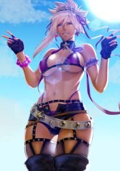 Rule 34 | 1girl, absurdres, bb (fate), bb (fate) (all), bb (swimsuit mooncancer) (fate), bb (swimsuit mooncancer) (second ascension) (fate), belt, bikini, blue eyes, breasts, cloud, commentary request, cosplay, day, double v, earrings, fate/grand order, fate (series), fingerless gloves, gloves, hair ornament, hair ribbon, highres, jewelry, large breasts, lips, looking at viewer, medium hair, micro shorts, miyamoto musashi (fate), mugetsu2501, navel, open fly, outdoors, pink hair, ponytail, purple bikini, purple ribbon, ribbon, short shorts, shorts, sky, smile, solo, spiked hair, star (symbol), star hair ornament, sunlight, swimsuit, v