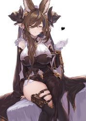 Rule 34 | 1girl, akita hika, animal ears, bare shoulders, black dress, black thighhighs, blush, breasts, brown hair, closed eyes, detached sleeves, dress, extra ears, galleon (granblue fantasy), granblue fantasy, highres, horns, large breasts, long hair, long sleeves, pointy ears, simple background, solo, thighhighs, very long hair, white background