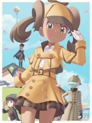 Rule 34 | 1boy, 3girls, aircraft, belt, border, brown hair, brown skirt, building, buttons, closed mouth, cloud, collared shirt, commentary request, confetti, creatures (company), day, dirigible, eyelashes, game freak, gazing eye, gloves, green eyes, hand up, hat, highres, holding, holding magnifying glass, jacket, long sleeves, looking at viewer, looking down, lyra (pokemon), magnifying glass, multiple girls, nintendo, official alternate costume, outdoors, plaid, plaid skirt, pokemon, pokemon hgss, pokemon masters ex, shauna (pokemon), shauna (special costume) (pokemon), shirt, skirt, sky, smile, steven stone, steven stone (special costume), team rocket, team rocket uniform, twintails, white border, white gloves, white shirt, yellow belt, yellow headwear, yellow jacket, yellow skirt, zinnia (pokemon), zinnia (special costume) (pokemon)