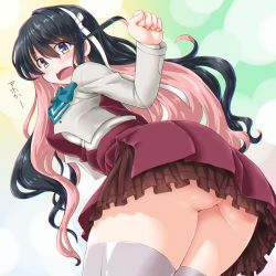 Rule 34 | 1girl, ass, ass focus, black hair, blush, bow, bowtie, chromatic aberration, cropped jacket, dd (ijigendd), fang, from below, grey thighhighs, hair ribbon, kantai collection, long hair, long sleeves, looking at viewer, looking back, multicolored hair, naganami (kancolle), naganami kai ni (kancolle), no panties, open mouth, pink hair, ribbon, school uniform, solo, thighhighs, two-tone hair, upskirt, zettai ryouiki