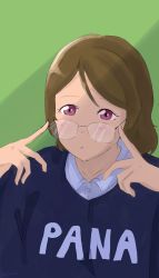 Rule 34 | 1girl, :o, adjusting eyewear, adjusting glasses, artist name, artist request, blue jacket, blush, breasts, brown hair, close-up, clothes writing, collarbone, collared shirt, female focus, glasses, green background, hair between eyes, highres, jacket, koizumi hanayo, looking at viewer, love live!, love live! school idol project, parted lips, purple eyes, shirt, short hair, smile, solo, upper body, white shirt