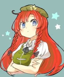 Rule 34 | 1girl, bad id, bad pixiv id, black bow, black bowtie, blue eyes, blush, bow, bowtie, braid, bright pupils, collared shirt, crossed arms, green hat, green vest, hat, hat ornament, highres, hong meiling, long hair, looking at viewer, pout, puffy short sleeves, puffy sleeves, red hair, sasa kichi, shirt, short sleeves, solo, star (symbol), star hat ornament, touhou, twin braids, vest, white shirt, wing collar
