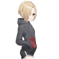 Rule 34 | 1girl, absurdres, applepie (12711019), black hoodie, blonde hair, commentary, dolphin shorts, ear piercing, earrings, hair over one eye, hands in pockets, highres, hood, hood down, hoodie, idolmaster, idolmaster cinderella girls, jewelry, long sleeves, looking at viewer, multiple earrings, open mouth, piercing, red eyes, shirasaka koume, short hair, shorts, simple background, solo, white background