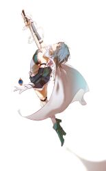 Rule 34 | 1girl, absurdres, bleeding, blood, blue eyes, blue hair, blue skirt, bodice, cape, detached sleeves, expressionless, floating, floating object, from above, gloves, green footwear, high heels, highres, holding, holding sword, holding weapon, leaning back, leg belt, lunay, mahou shoujo madoka magica, miki sayaka, musical note, outstretched arm, self-harm, shoes, short hair, simple background, skirt, solo, soul gem, stab, staff (music), sword, thighhighs, weapon, white background, white cape, white gloves, white thighhighs