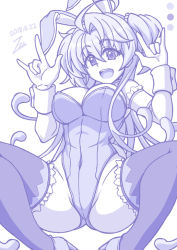 Rule 34 | 1girl, :d, animal ears, armband, artist name, bow, bowtie, breasts, cagliostro (symphogear), cleavage, covered navel, dated, detached collar, fake animal ears, hair between eyes, high heels, highleg, highleg leotard, large breasts, leotard, long hair, looking at viewer, monochrome, open mouth, playboy bunny, purple theme, rabbit ears, rabbit girl, senki zesshou symphogear, smile, solo, spread legs, thighhighs, very long hair, wrist cuffs, zetsumu