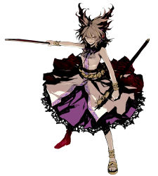 Rule 34 | 1girl, brown hair, female focus, full body, headphones, minakata sunao, open mouth, short hair, simple background, solo, standing, sword, touhou, toyosatomimi no miko, weapon, weaponswhite, white background