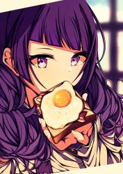 Rule 34 | 1girl, absurdres, bacon, blurry, blurry background, bread slice, commentary request, diagonal bangs, eating, egg (food), food, fried egg, fried egg on toast, highres, idolmaster, idolmaster shiny colors, kakuzatou (cubesugar03196), long hair, long sleeves, purple eyes, purple hair, shirt, solo, sunny side up egg, tanaka mamimi, toast, upper body, white shirt, window