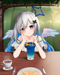 Rule 34 | 1girl, absurdres, amane kanata, angel, angel wings, bare shoulders, blue hair, booth seating, casual, coffee, coffee cup, collarbone, colored inner hair, cup, disposable cup, drinking glass, drinking straw, feathered wings, food, fork, grey hair, hair ornament, hairclip, halo, highres, hololive, knife, long hair, looking at viewer, multicolored hair, pasta, plate, purple eyes, smile, solo, sty, table, virtual youtuber, wings