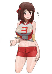 Rule 34 | 1girl, brown eyes, brown hair, clothes lift, commentary, cowboy shot, cropped legs, elbow pads, girls und panzer, headband, highres, kondou taeko, lifted by self, looking at viewer, medium hair, open mouth, red headband, red shirt, red shorts, shirt, shirt lift, short shorts, shorts, simple background, single vertical stripe, sleeveless, sleeveless shirt, smile, solo, sportswear, standing, sweat, volleyball uniform, wet, wet clothes, white background, yamano rita