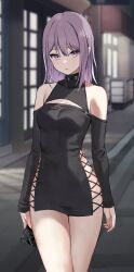 Rule 34 | 1girl, bare shoulders, black choker, black dress, blurry, blurry background, breasts, choker, cleavage cutout, clothing cutout, covered collarbone, cowboy shot, cross-laced clothes, cross-laced dress, depth of field, dress, highres, holding, kaetzchen, long hair, long sleeves, looking at viewer, misaki (kaetzchen), mole, mole under mouth, original, parted lips, pointy ears, purple eyes, purple hair, short dress, shoulder cutout, side slit, sidelocks, small breasts, solo, standing, thighs, turtleneck, turtleneck dress, unzipped, zipper