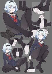 Rule 34 | 1girl, absurdres, black choker, black footwear, black hairband, black pantyhose, blue eyes, blue hair, blue skirt, blush, cat, choker, closed mouth, collar, commentary request, convenient leg, eyelashes, feet, feet only, foot focus, holding with feet, full body, gradient hair, grey background, grey hair, hair between eyes, hairband, highres, lan mao akko, legs, loafers, long sleeves, medium hair, miniskirt, multicolored hair, neckerchief, no shoes, pantyhose, pleated skirt, red neckerchief, ryuuou no oshigoto!, school uniform, shadow, shoes, simulated footjob, sitting, skirt, soles, solo, sora ginko, spread legs, thighs, toe scrunch, toenails, toes, white collar