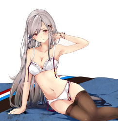 Rule 34 | 1girl, arm support, armpits, azur lane, black thighhighs, blue butterfly, bra, breasts, bug, butterfly, butterfly hair ornament, collarbone, commentary request, dunkerque (azur lane), full body, grey hair, hair ornament, insect, long hair, looking at viewer, medium breasts, midriff, navel, panties, pink eyes, rizzl, serious, sidelocks, sitting, solo, swept bangs, thighhighs, thighs, underwear, underwear only, very long hair, white bra, white panties, yokozuwari