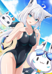 Rule 34 | 1girl, ahoge, animal ear fluff, animal ears, beach, black one-piece swimsuit, blush, braid, breasts, cloud, cloudy sky, commentary request, competition swimsuit, dutch angle, earrings, fox ears, fox girl, fox tail, goggles, green eyes, hachiman tanuki, hair between eyes, highres, hololive, innertube, jewelry, long hair, looking at viewer, medium breasts, miteiru (shirakami fubuki), ocean, one-piece swimsuit, open mouth, pentagram, shirakami fubuki, sidelocks, single braid, sky, sukonbu (shirakami fubuki), swim ring, swimsuit, tail, virtual youtuber, white hair