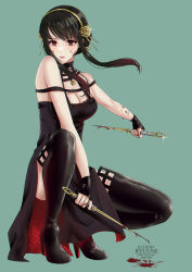 Rule 34 | 1girl, aqua background, artist name, bare shoulders, black dress, black footwear, black gloves, black hair, black thighhighs, blood, blood on arm, blood on face, blood splatter, bloody weapon, blush, boots, breasts, cleavage, closed mouth, colored shoe soles, commentary, dagger, dress, dual wielding, earrings, fingerless gloves, flower, full body, gloves, gold, hair flower, hair ornament, hair stick, hairband, high heel boots, high heels, highres, holding, holding weapon, invisible chair, jewelry, knife, large breasts, lips, long hair, looking at viewer, needle, off-shoulder dress, off shoulder, outstretched arm, red eyes, reverse grip, ryuuneart, sidelocks, simple background, sitting, sleeveless, sleeveless dress, solo, sparkle, spy x family, squatting, stiletto (weapon), thigh boots, thighhighs, thighs, two-sided dress, two-sided fabric, weapon, yor briar