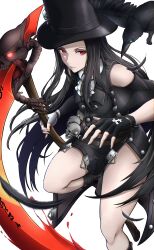 Rule 34 | 1other, absurdres, androgynous, ascot, asymmetrical gloves, asymmetrical sleeves, bare shoulders, bird, black gloves, black hair, black headwear, crow, feathers, fingerless gloves, gloves, guilty gear, guilty gear strive, hat, hat ornament, highres, holding, holding scythe, long hair, looking at viewer, other focus, parted lips, pink eyes, scythe, skull, skull hat ornament, souma (so u maaaaa), testament (guilty gear), top hat, white ascot, white gloves