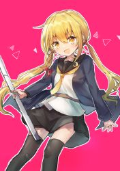 Rule 34 | 1girl, absurdres, black sailor collar, black skirt, black thighhighs, blonde hair, blush, crescent, crescent pin, hair between eyes, highres, holding, kantai collection, long hair, long sleeves, looking at viewer, low twintails, nataro 1116, neckerchief, open mouth, orange eyes, pink background, sailor collar, satsuki (kancolle), satsuki kai ni (kancolle), school uniform, serafuku, simple background, skirt, solo, thighhighs, triangle, twintails, yellow neckerchief