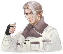 Rule 34 | 1boy, artist name, asymmetrical hair, black gloves, blonde hair, blue eyes, buttons, final fantasy, final fantasy vii, final fantasy vii remake, fingerless gloves, gloves, hair over one eye, hand up, high collar, jacket, long sleeves, looking at viewer, male focus, parted bangs, rufus shinra, short hair, smile, solo, square enix, upper body, vhyrel, white background, white jacket